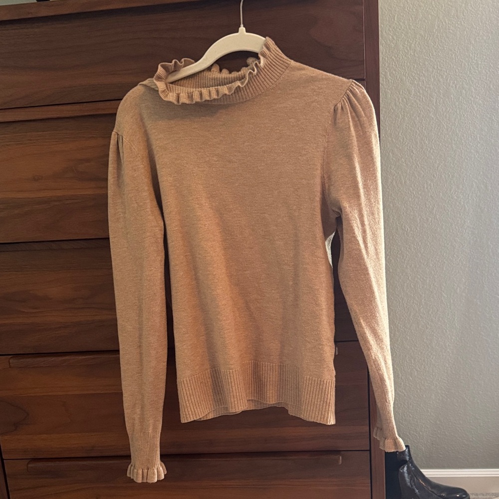 CeCe Tan Ruffle Neck Blouse